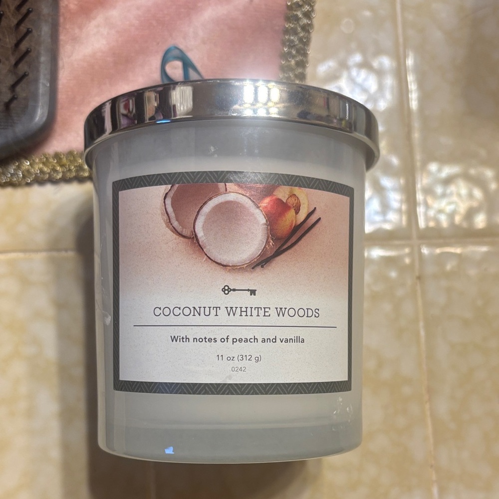 Threshold Coconut White Woods Candle with Silver Lid